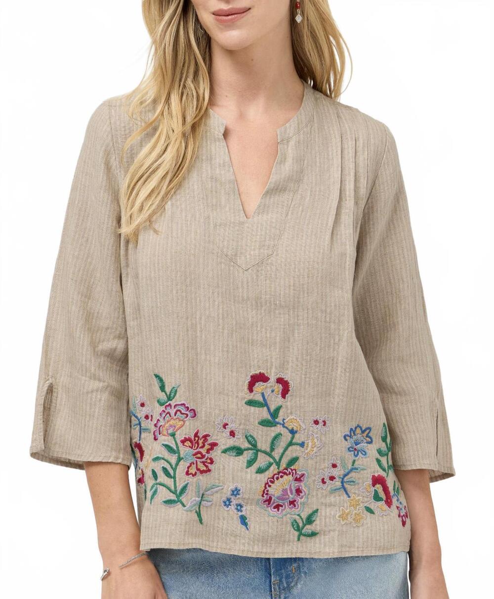 NEW JOHNNY WAS sloane v‑neck linen blouse in jute stripe